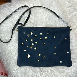 Clare V Sac Bretelle crossbody navy gray with gold stars suede